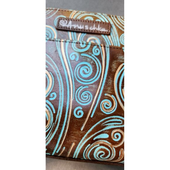 Anuschka Twin Top Wallet Wrislet Organizer Makeup Bag Tooled Waves Small Purse - Picture 11 of 16